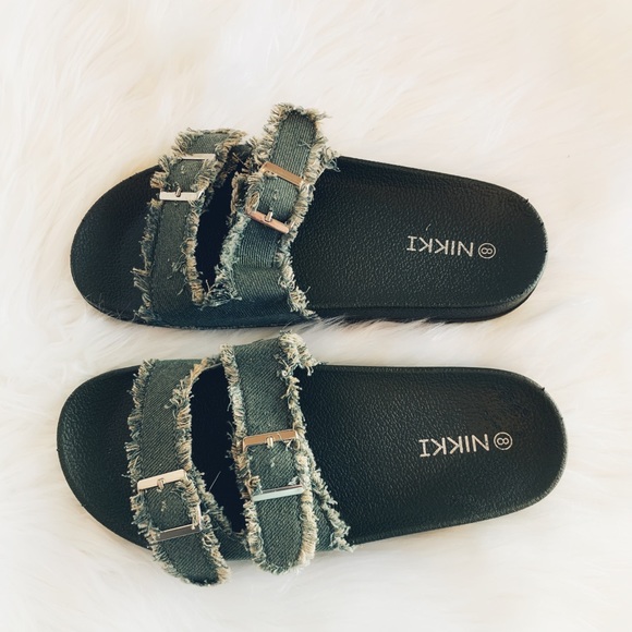 NIB Green Denim Double Buckle Slide Sandals | Women’s | Nikki | Frayed Strap - Picture 6 of 6